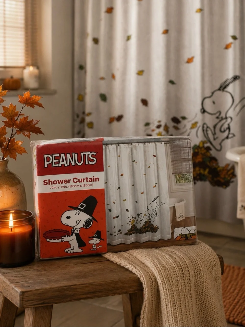 Peanuts Woodstock Fall Shower Curtain 72x72 Autumn Leaves Snoopy Bathroom Decor